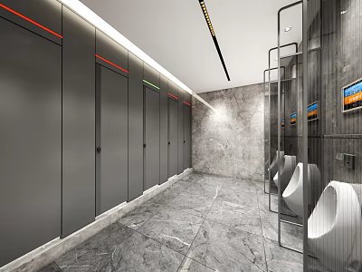 Modern Public Restroom Interior With Gray Stalls Marble Floor And Urinals 3d model