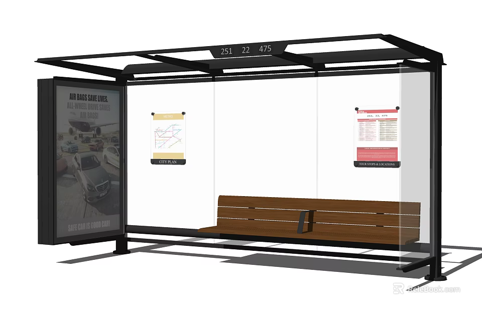 Modern Bus Stop Shelter With Wooden Bench Information Boards And Advertising Screen 3d model 