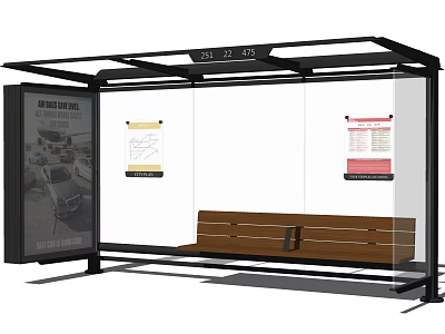 Modern Bus Stop Shelter With Wooden Bench Information Boards And Advertising Screen 3d model