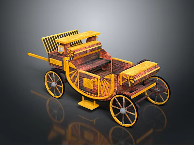 Vintage Wooden Carriage Model With Yellow Red Color Wheels And Roof Rail Design 3d model