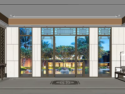 Elegant Modern Hotel Lobby With Glass Doors Tree Views And Warm Lighting 3d model
