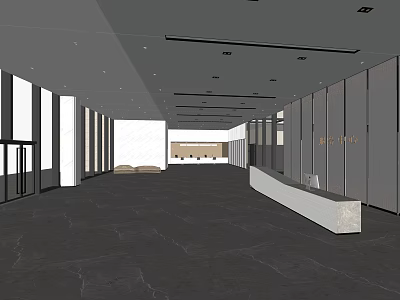 Modern Lobby White Front Desk Design With Spacious Area Glass Windows And Dark Flooring 3d model