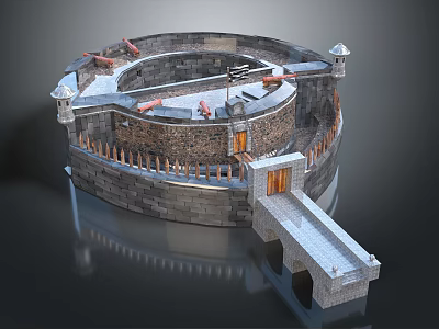 Medieval Circular Fortress Architecture With Stone Walls Towers And Wooden Drawbridge 3d model