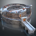 Medieval Circular Fortress Architecture With Stone Walls Towers And Wooden Drawbridge