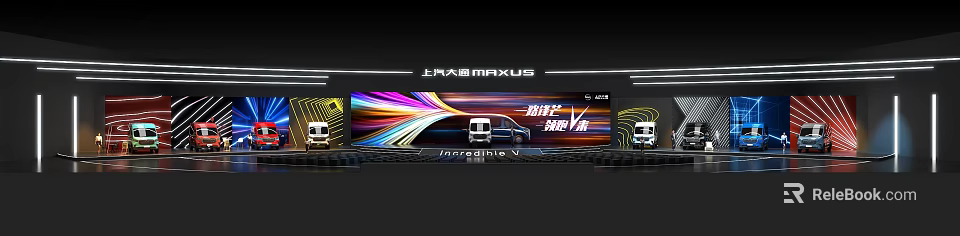 SAIC MAXUS Wide body Light Bus Stage Presentation With Colorful Backdrop And Vehicle 3d model 