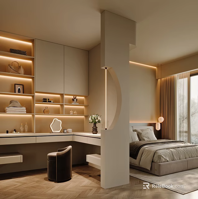 Modern Walk in Closet Interior Design With Shelves Cabinets And Lighting 3d model 