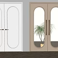White And Beige Double Doors With Rounded Panels Vertical Striped Glass And Brass Handles