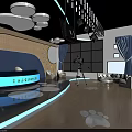 Kids Studio Interior With Cloud Shaped Lights Footprint Floor And Blue Reception Desk