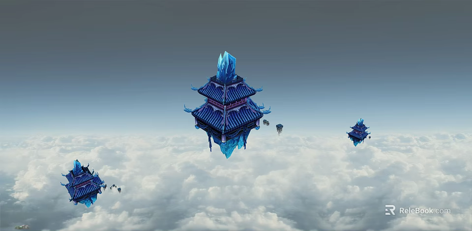 Classical Ancient Architecture Floating in Clouds with Multi Eave Design Ice Crystal Elements and Smaller Buildings 3d model 