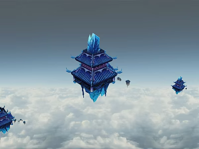 Classical Ancient Architecture Floating in Clouds with Multi Eave Design Ice Crystal Elements and Smaller Buildings 3d model