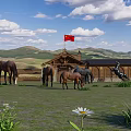 Scenic Grassland With Wooden House Red Flag And Herd Of Horses Under Blue Sky