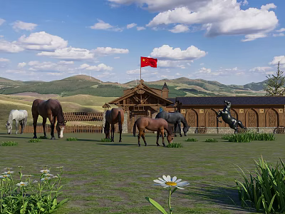 Scenic Grassland With Wooden House Red Flag And Herd Of Horses Under Blue Sky 3d model
