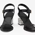 Women's Black Leather Sandals With Geometric Marble Heel Ankle Strap And Metal Buckle