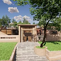 Traditional Garden Landscape Design With Red Maple Tree Archway Stone Pavement And Seating Area