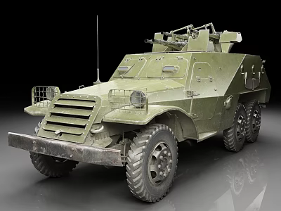Vintage Green Military Armored Vehicle With Top Mounted Weapon And Large Tires 3d model
