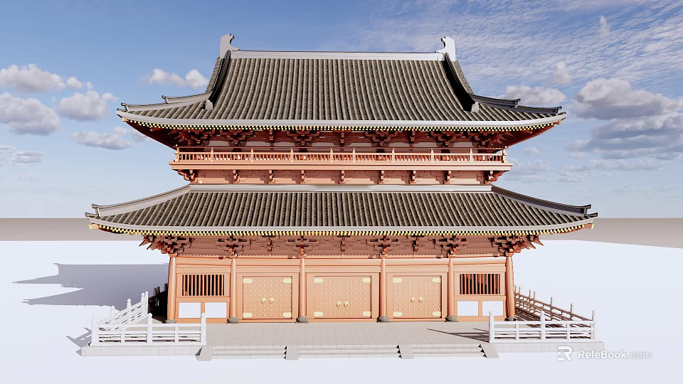 Ancient Chinese Architectural Structure With Two Story Design Traditional Roof And Wooden Doors 3d model 