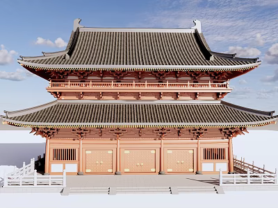 Ancient Chinese Architectural Structure With Two Story Design Traditional Roof And Wooden Doors 3d model