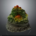 Green Frog Decorative Figurine With Red And Yellow Flowers On Carved Pattern Base
