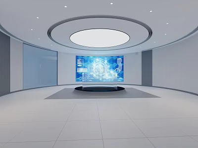 Modern Tech Exhibition Space with Circular Display Platform and Large Screen Showing Digital Graphics 3d model