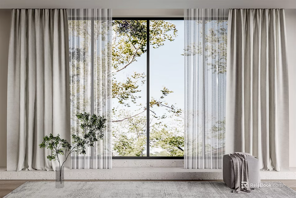 Light Gray Curtains With Sheer Panels For Large Window Green Tree View And Indoor Plants 3d model 