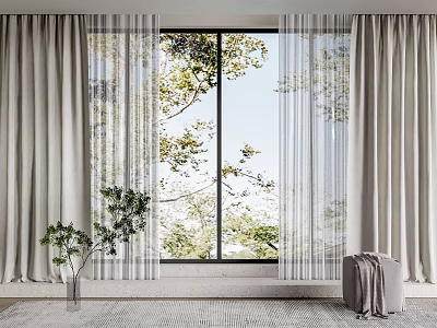 Light Gray Curtains With Sheer Panels For Large Window Green Tree View And Indoor Plants 3d model