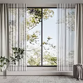 Light Gray Curtains With Sheer Panels For Large Window Green Tree View And Indoor Plants