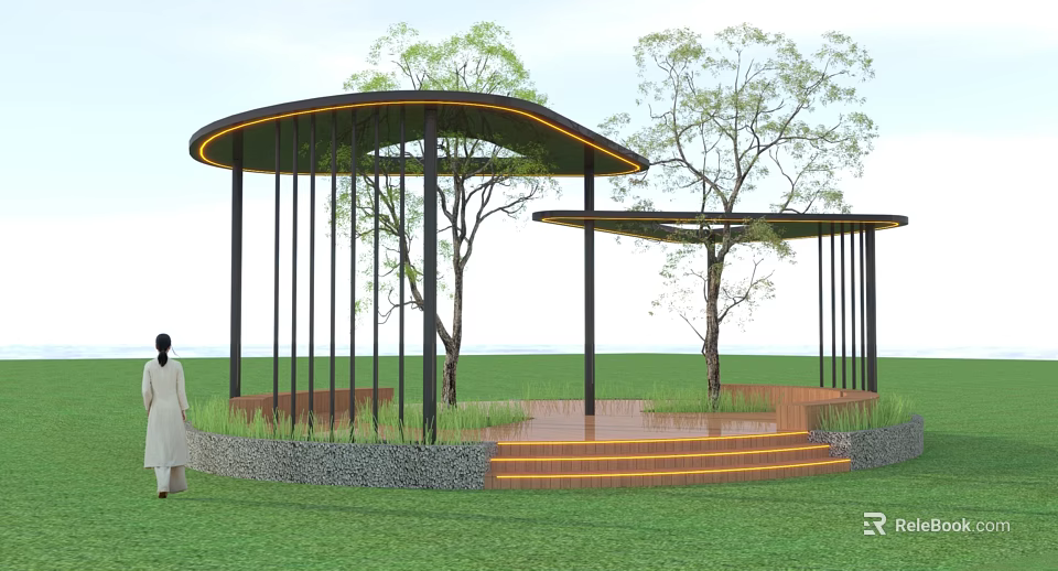Modern Curved Roof Pergola With Black Columns Wooden Platform Steps And Trees In Grassland 3d model 