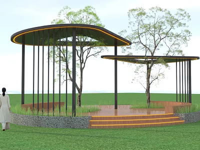Modern Curved Roof Pergola With Black Columns Wooden Platform Steps And Trees In Grassland 3d model