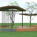 Modern Curved Roof Pergola With Black Columns Wooden Platform Steps And Trees In Grassland
