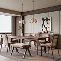 Modern Dining Room With Wooden Table Chairs Bench Pendant Lights Large Windows And Abstract Painting