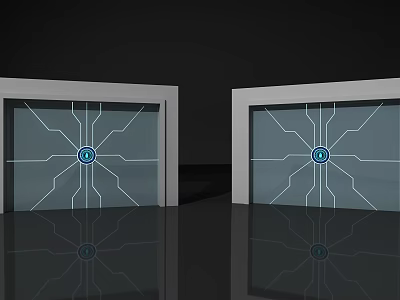 Double Tech Inspired Doors With Blue Circular Emblem Against Dark Background And Reflective Floor 3d model