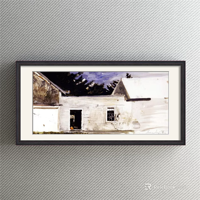 Framed Rural Landscape Painting With Weathered White House Trees And Sky 3d model 