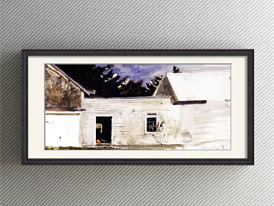 Framed Rural Landscape Painting With Weathered White House Trees And Sky 3d model