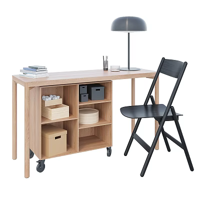 Wooden Office Desk With Wheels Storage Shelves Black Folding Chair Lamp Books And Pen Holder 3d model
