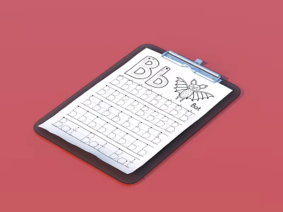 Children's Educational Clipboard with Bb Letter Practice and Bat Illustration on Red Background 3d model