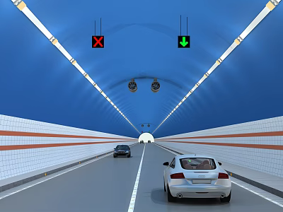 Modern Road Tunnel with Traffic Lights White Orange Stripes Ceiling Lighting and Moving Vehicles 3d model