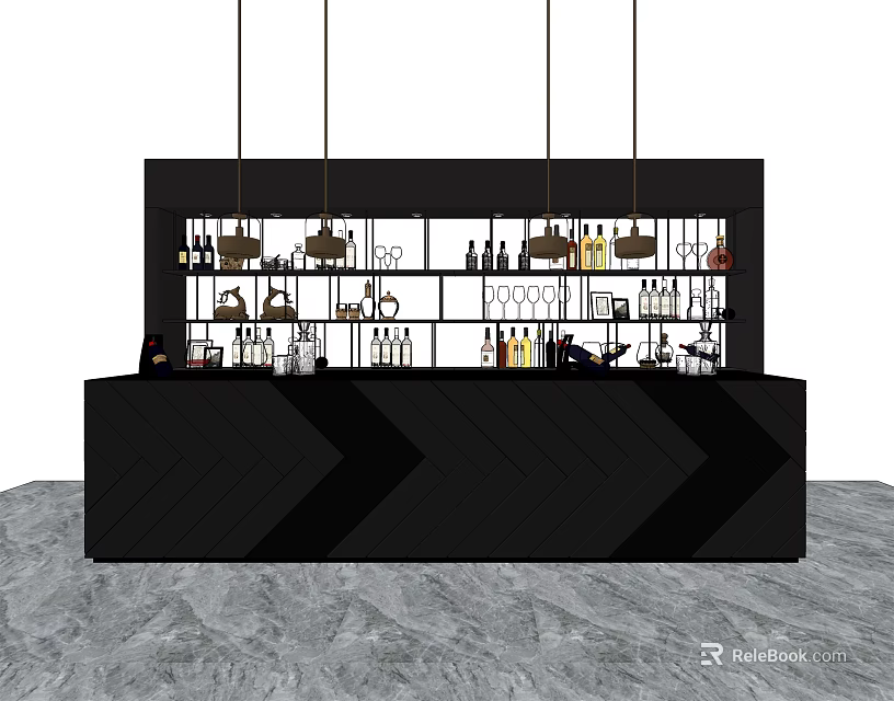Modern Wine Cabinet With Open Shelves Wine Bottles Glasses And Hanging Lights 3d model 