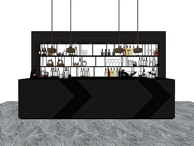 Modern Wine Cabinet With Open Shelves Wine Bottles Glasses And Hanging Lights 3d model