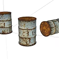 Three White Rusted Metal Barrels With Brown Rust Two Upright One Lying On White Background