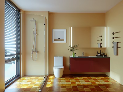 Bathroom Interior With Yellow Walls Glass Shower White Toilet Red Cabinet And Tile Floor 3d model