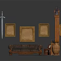 Traditional Interior Design With Wooden Cabinet Brown Sofa Picture Frames And Antique Vase