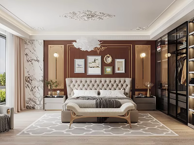 Luxury Bedroom Interior With Decorative Wall Chandelier Area Rug Artwork And Wardrobe 3d model