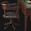 Dark Wooden Desk With Green Top Lamp Photo Frame Notebook Stacked Books And Leather Chair