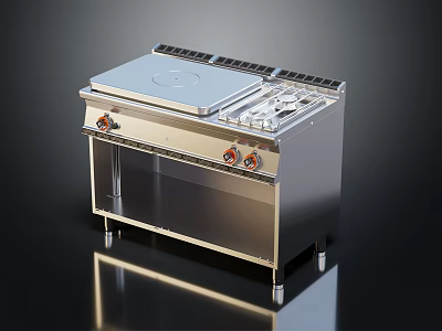 Modern Stainless Steel Kitchen Appliance with Flat Cooktop Burners and Cabinet Base 3d model
