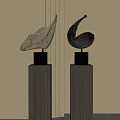 Abstract Sculptures On Wooden Pedestals With Black Bases And Natural Light Shadows