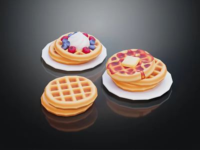 Tasty Homemade Waffles With Cream Berries And Butter On White Plates 3d model