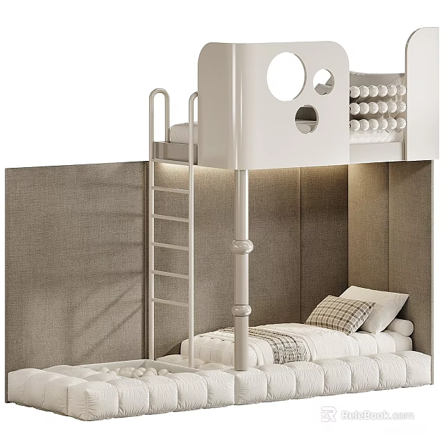Modern White Bunk Bed With Ladder Circular Windows And Padded Mattress 3d model 