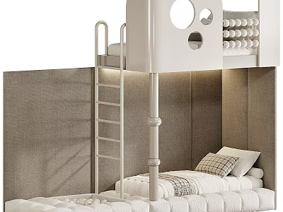 Modern White Bunk Bed With Ladder Circular Windows And Padded Mattress 3d model
