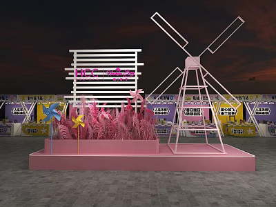 Vibrant Decorative Scene With Pink Platform White Windmill Pink Grass And Neon Let's Milk Sign 3d model