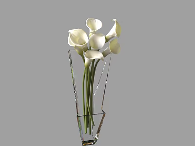 Elegant White Calla Lilies Arranged In Transparent Glass Vase For Home Decor 3d model